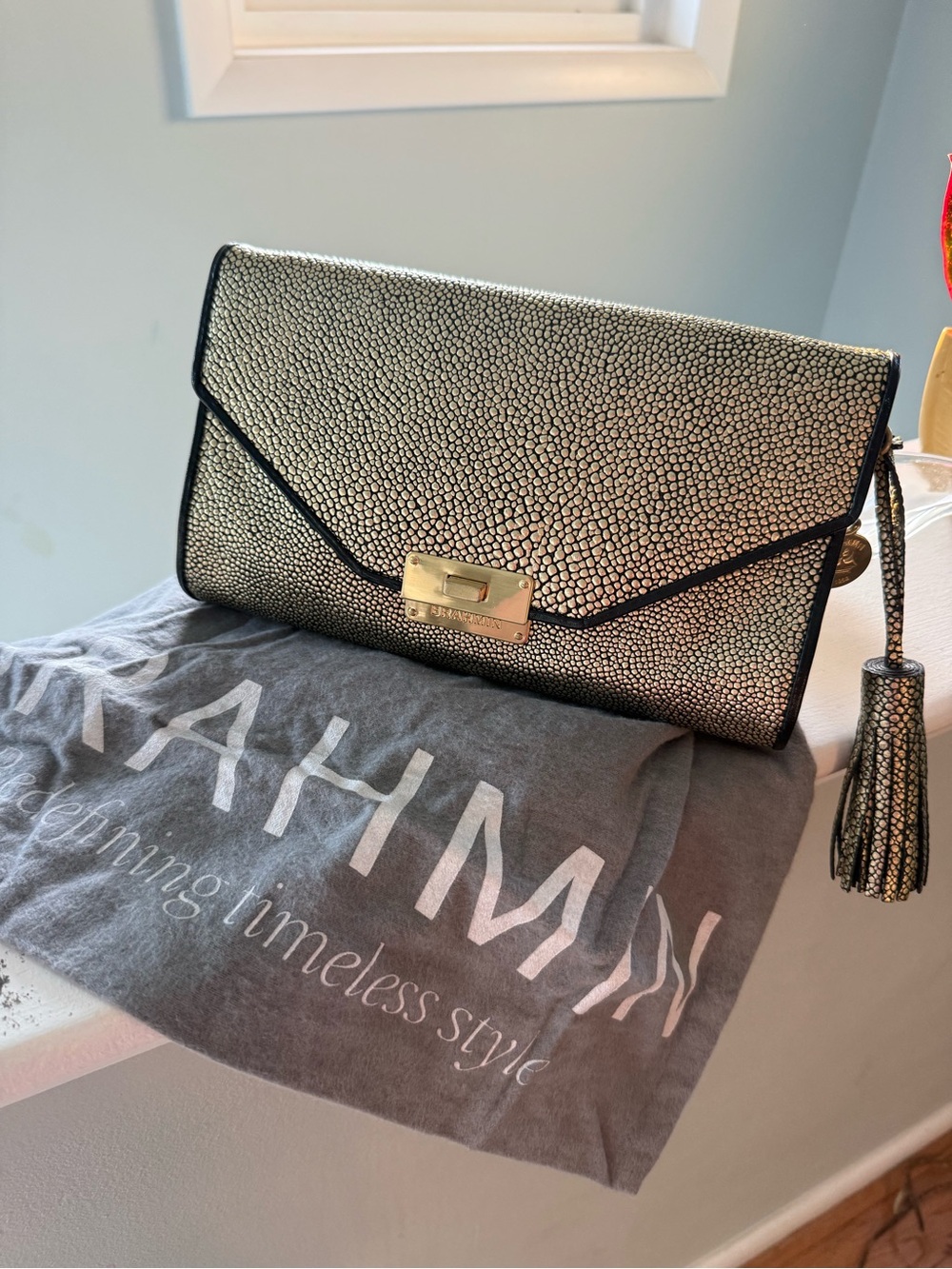 Brahmin Metallic Gold and Black Envelope Clutch with Tassel
